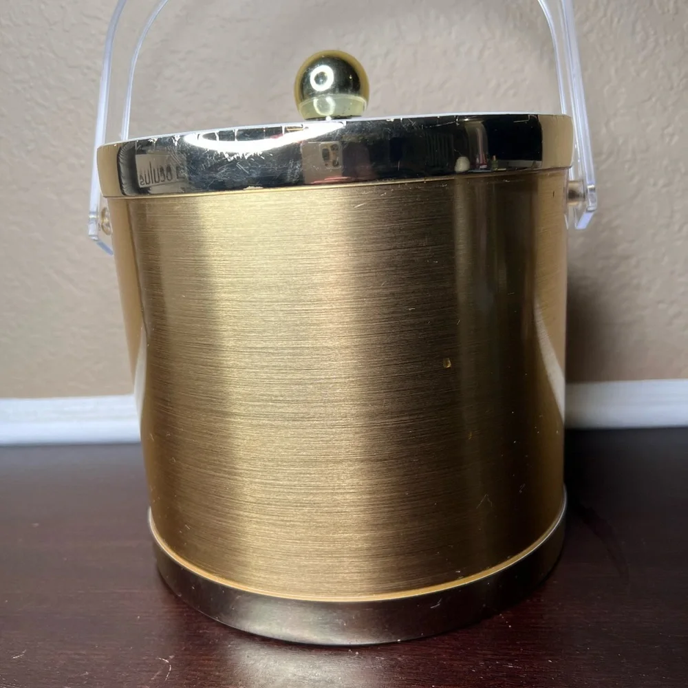 Vintage 1970's Brushed Gold Ice Bucket, Collectible Barware, Midcentury Mod Deco